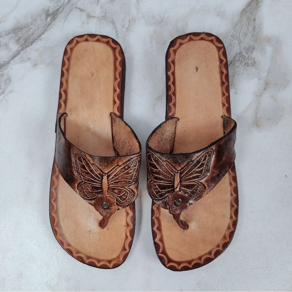 Women's Artisanal Huarache Leather Butterfly Flip Flop Thong Sandals, Sz 5